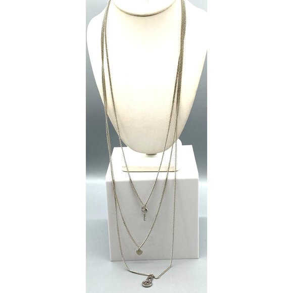 Vintage Triple Strand Delicate Chain Necklace, Silver Tone with Charm Pendants - Picture 2 of 4